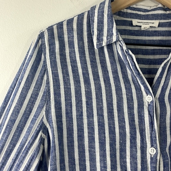 Beach Lunch Lounge Fringe Striped Linen Blend Long Sleeve Top Womens Size S - Picture 4 of 8